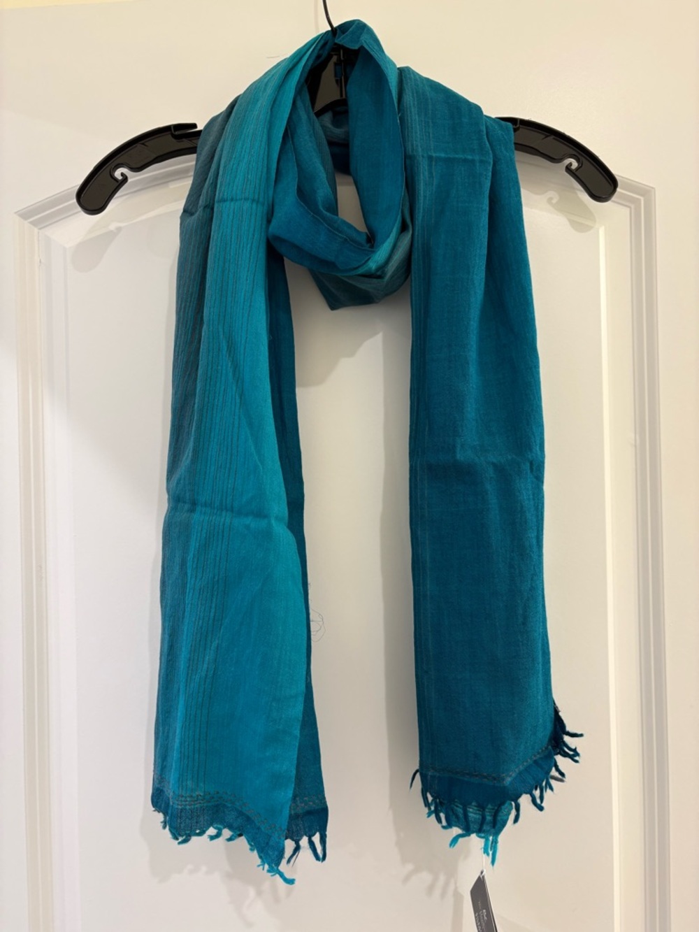 NWT Eileen Fisher Teal Woven Fringe Scarf